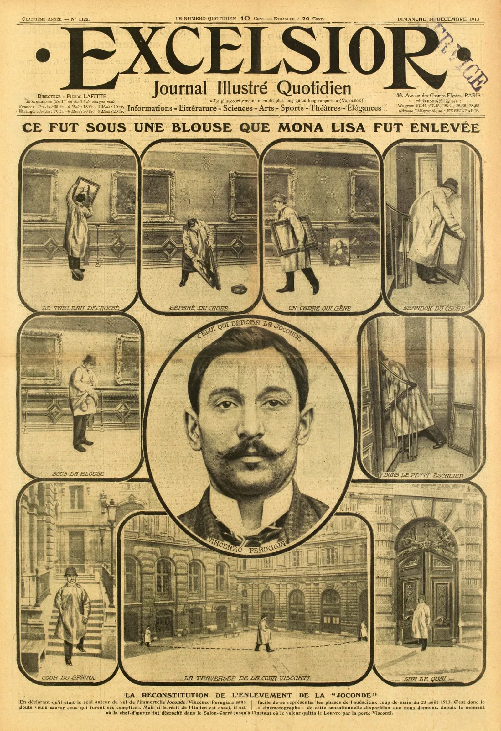 L’Excelsior gazetesinin 14 Aralık 1913 tarihli birinci sayfası; sayfada Mona Lisa hırsızlığı ve Vincenzo Peruggia haberi yer alıyor.